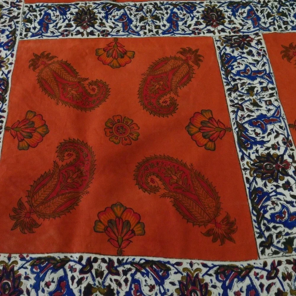 Vintage Hand Block Print Cotton Tablecloth Orange Paisley Fringe Boho 37